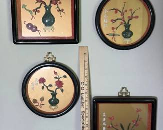 Chinese Reverse Glass Paintings, Black Wood Frame, Multicolored Floral Designs