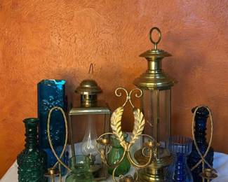 Antique Brass Lantern with Frosted Glass, Vintage Green & Blue Vases