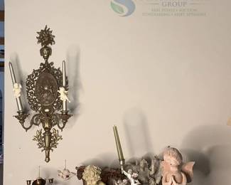 Antique Ornate Wall Sconce with Dual Candle Holders, Brass & Porcelain with large collection of angels