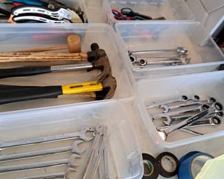 WRENCH SETS - SOME MM, TAPES, HAMMERS, CUTTERS, TAPES MEASURES, SCISSORS, MORE