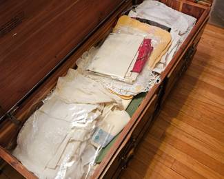 Cedar Chest with linens - All linens removed from chest and placed on bed.