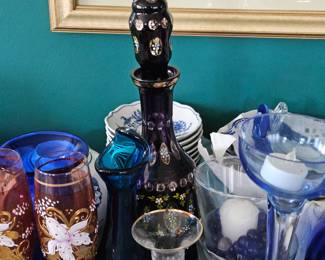 Hand painted decanter and misc. Glassware