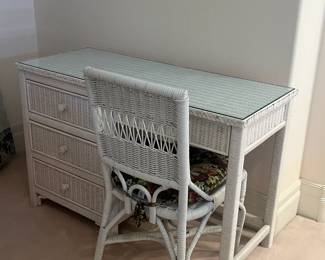 White wicker desk with glass top & white wicker chair