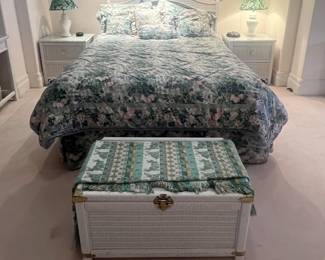 Queen size bed with white wicker headboard, 2 white wicker nightstands, white wicker chest