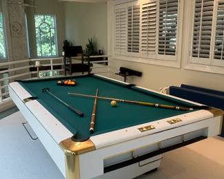 Custom Billiards Pool Table by Beyer & Brown, Orlando, FL; includes cover, cues, cue rack, chair and all accessory items shown. Excellent Condition!