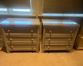 Pair of white wicker 3-drawer dressers with glass tops