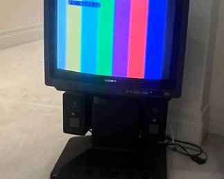 Sony Trinitron 25" KV-25XBR CRT Television from the mid-80's with original, unique pedestal stand with oversized volume, channel and power controls and Sony speakers and remote. Great condition!!
