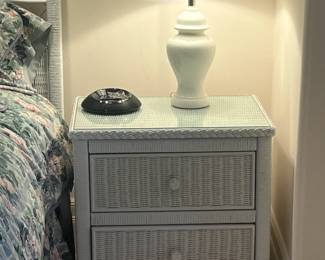 Pair of white wicker nightstands with glass tops (1 of 2)