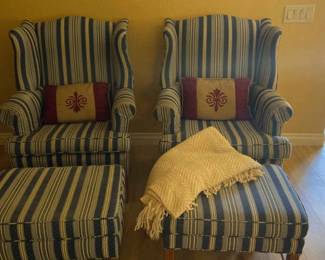 Set Of 2 Wingback Upholstered Blue And White Striped Chairs With Foot Rests