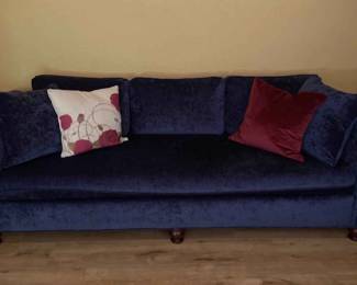 Blue Velvet Material Couch With Pillows. Wood Feet.