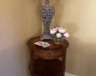 Round Side Table With Drawer Ornate Metal Lamp