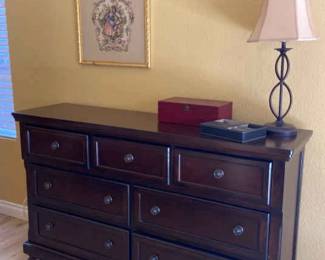 Long Ashley Furniture Dresser With Lap, Jewelry Boxes And Needlepoint Picture