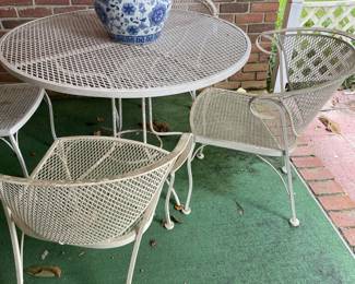 Vintage Woodard patio table and 4 chairs; garden fish bowl
