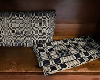 Jacquard wool blue and white throw blanket, ca. 1850