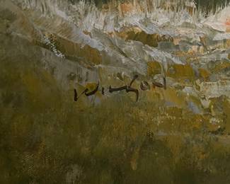 Mountain, river landscape, artist Wilson. Oil on canvas. $400