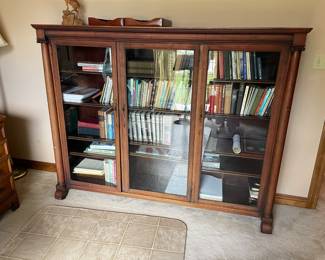 Antique triple office library bookcase/display. Light decorative carving