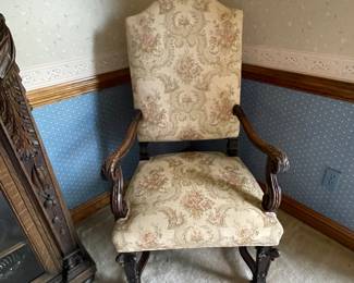 Two, beautifully upholstered French style dinning arm chairs.