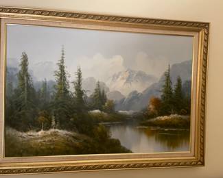 Mountain, river landscape, artist Wilson. Oil on canvas. $400