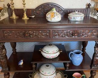 Antique heavily carved “hunt board” side server. French?