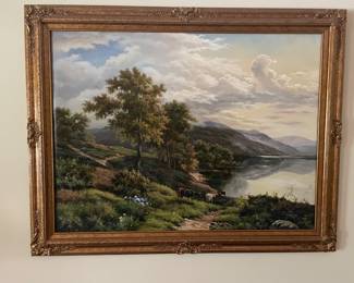Large pastoral landscape, artist: Weller (?), English. Oil on Canvas. Beautiful with depth.