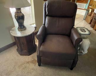 Bernhardt lady size leather recliner, like new. Two (2) Octagon side tables with marble top and storage