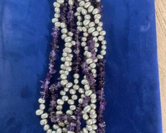 Amethyst and gray pearl multi strand necklace