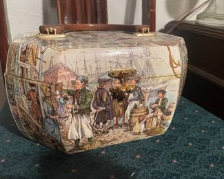 Vintage Decoupage Wood Box Purse Lined w/ Bakelite Handle