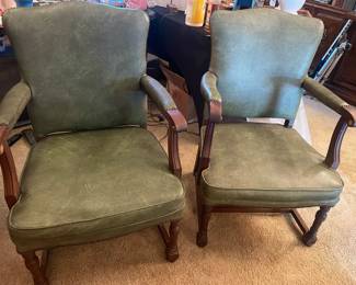 Vintage Chippendale Style Green Leather Library Chairs