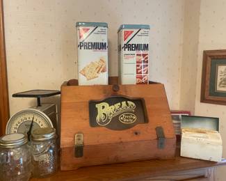 Vintage Wooden Bread Box, Two Nabisco Saltine Cracker Cans