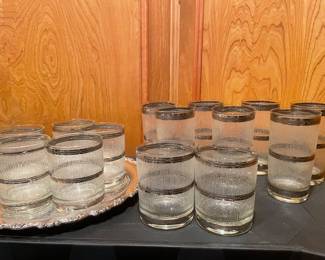 Vintage Culver Cocktail Glasses and double Old Fashioned Mid century Silver Band and Bark Design