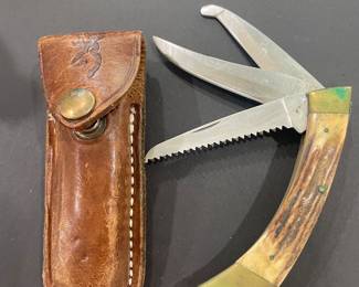 Vintage Browning 504 Folding 3 Blade Hunter Pocket Knife Stag Antler Japan