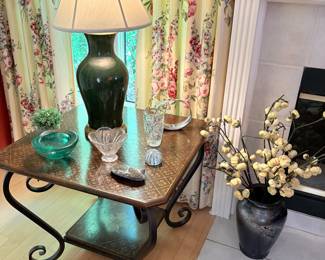 Square side table with iron base with hand-painted wood top, green table lamp (2 available), Kosta Boda  glass dish, large Petosky stone, Pottery vase, and more!
