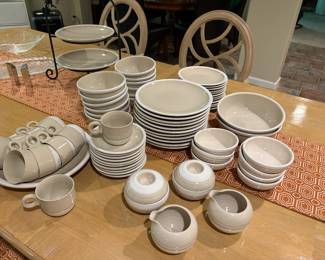 "Whipped Cream" Stoneware - made in Korea - dishwasher, microwave oven, freezer, and oven safe - 5-piece place settings for 12 plus extra bowls, platters and cream and sugar dishes