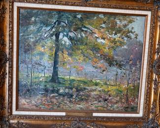 "Springtime Arriving" oil painting on canvas by J. E. Bundy - signed - c. 1920 - framed