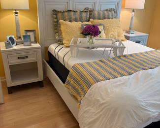 Queen bed with storage drawers, iComfort mattress - Queen, 2 nightstands, tray table, lamps, Euro and Queen shams, quilt and duet.