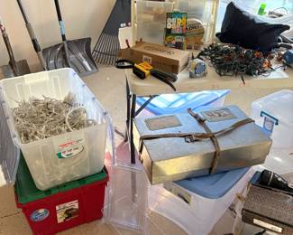 string lights and vintage metal mailing box