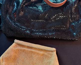 Vintage beaded gold evening bag and leather satchel bag