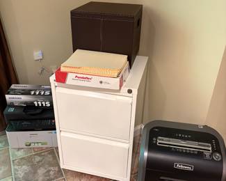 Rolling white file cabinet - 2-drawer, paper shreader, printer and ink cartridge