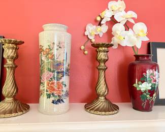 Brass candle holders and cloisonne vases