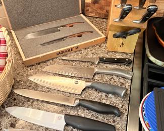 J. A. Henckels knife set in block, Laguiole knife set with cutting board, Wusthof and Cuisinart knives