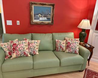3-cushion green leather couch by American Leather - like new, and oil painting by J.E. Bundy "Corner by the Pond"
