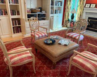 Large square leather ottoman, large area rug (approx. 12' x 17' ) armchairs (dining), books and more!
