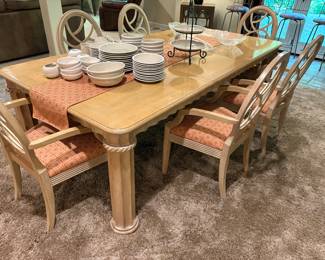 Dining table with leaf installed (retangular) and 6 dining armchairs and shown with "Whipped Cream" Stoneware - made in Korea