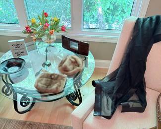 Iron base round glass-topped side table/coffee/cocktail table, with mink hat and purse, and on chair - Neiman Marcus evening shawl