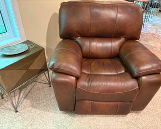 Brown leather recliner (electric recline) and side storage table