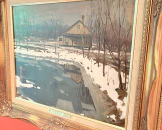 "Corner by the Pond" oil painting on canvas by J.E. Bundy - signed - c. 1920 and framed