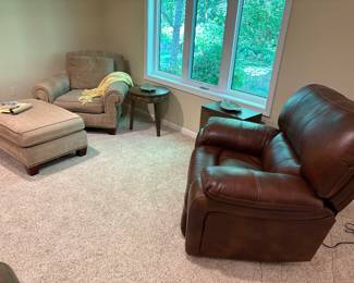 Upholstered armchair and ottoman and leather recliner (electric recline)