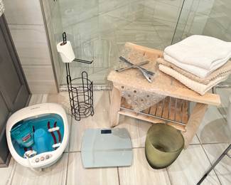 Teak shower stool, foot soaker, scale and more