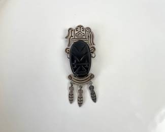 Lot 4728 Taxco Sterling Silver Onyx Aztec Warrier Brooch