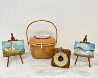 Lot 4654 Vintage Nantucket Scrimshaw Basket Airguide Barometer Signed Mini Seascape Lighthouse Paintings